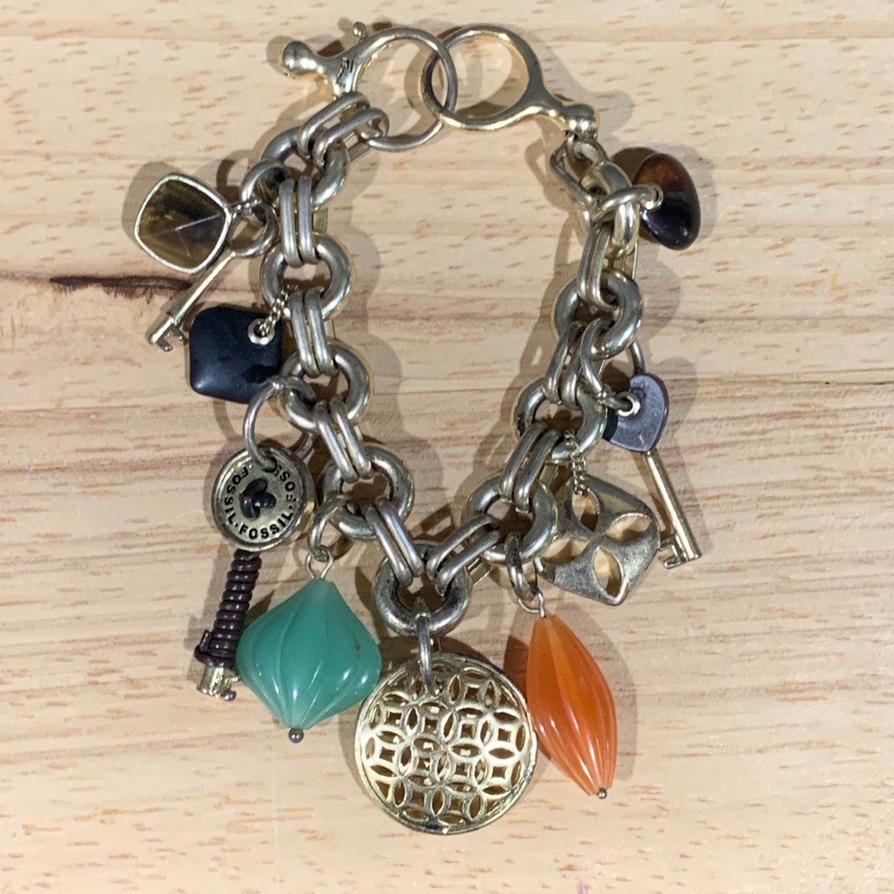 Fossil Charm Bracelet Women OS Gold Silver Mixed Metal Key Bead Boho Eclectic
